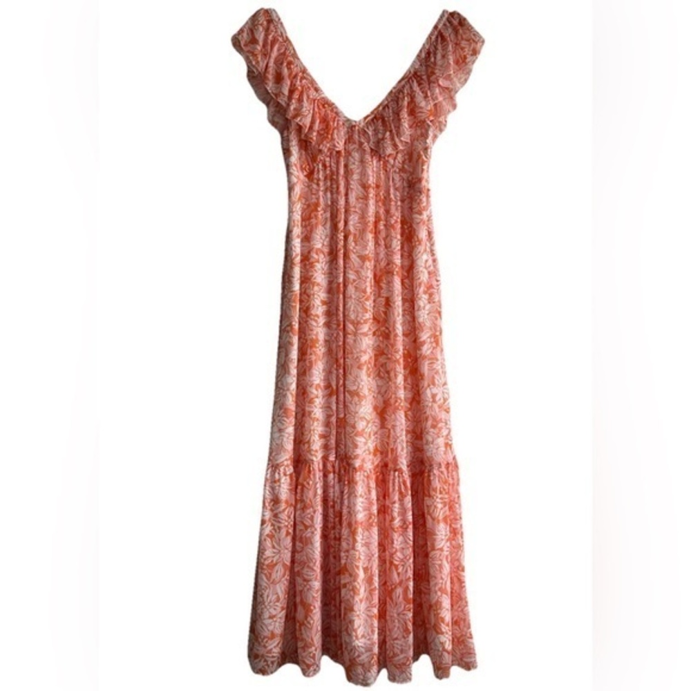 Lavender Brown Orange Floral Ruffle Cove Maxi Dress Sz. S NWT!